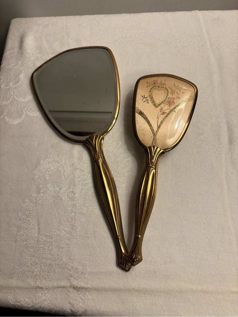 Vintage Gold Hand Mirror and Brush Set with Pink Floral Heart - Picture 3 of 9